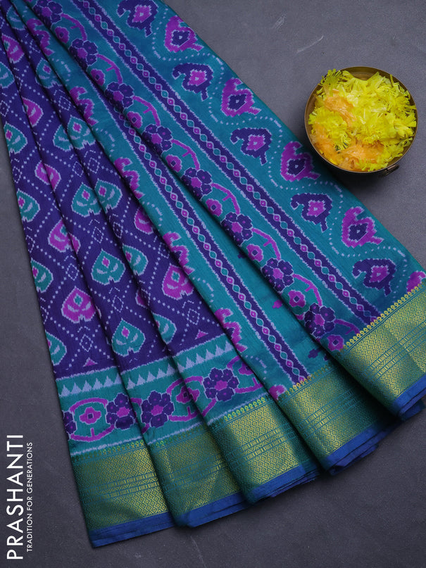 Semi tussar saree blue and teal green with allover ikat prints and zari woven border