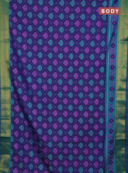 Semi tussar saree blue and teal green with allover ikat prints and zari woven border