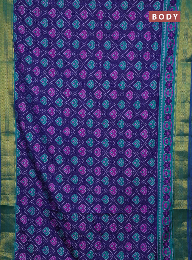 Semi tussar saree blue and teal green with allover ikat prints and zari woven border