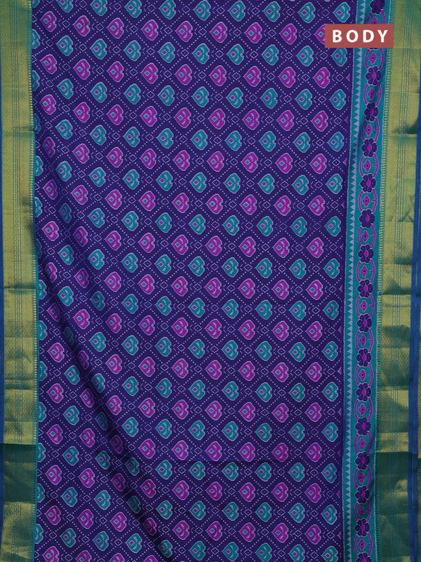 Semi tussar saree blue and teal green with allover ikat prints and zari woven border