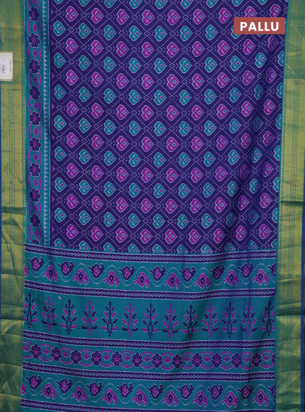 Semi tussar saree blue and teal green with allover ikat prints and zari woven border