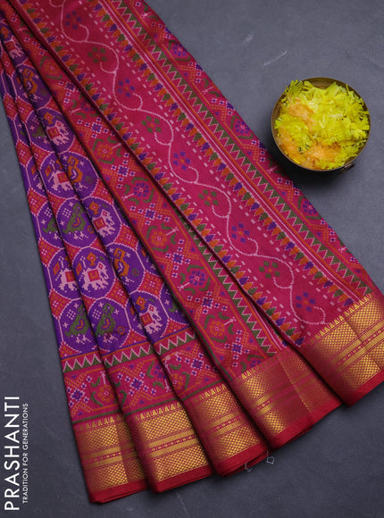Semi tussar saree purple and pink with allover patola prints and zari woven border