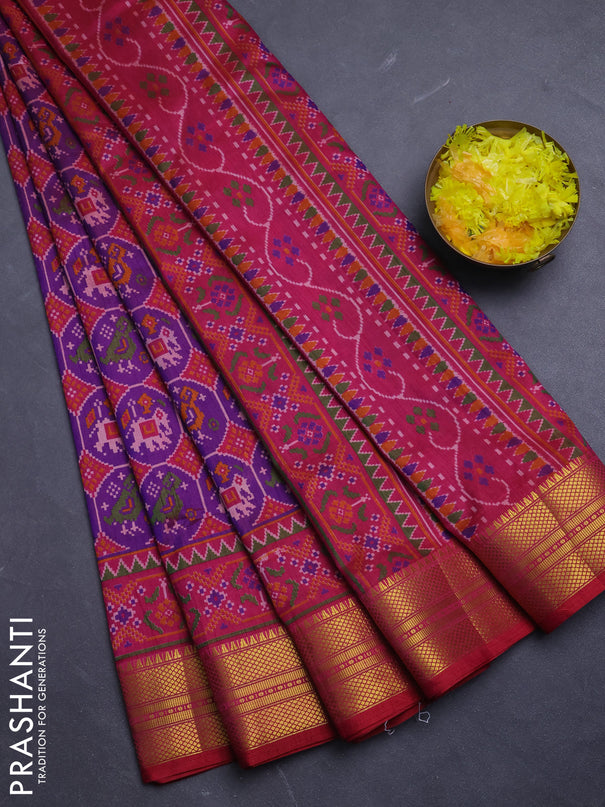 Semi tussar saree purple and pink with allover patola prints and zari woven border