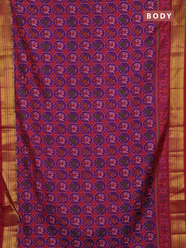 Semi tussar saree purple and pink with allover patola prints and zari woven border