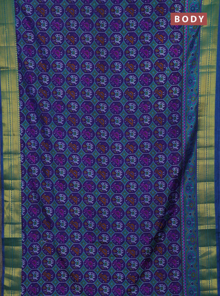 Semi tussar saree dark blue and teal green with allover patola prints and zari woven border