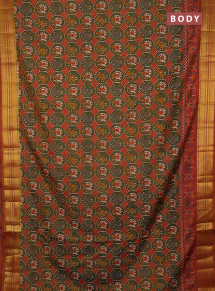 Semi tussar saree mehendi green and rust shade with allover patola prints and zari woven border