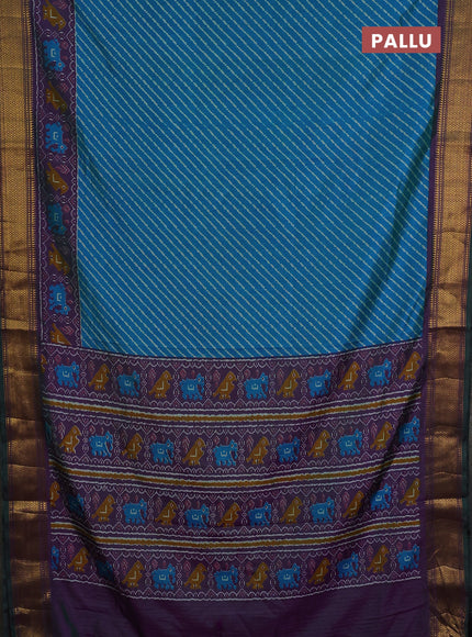 Semi tussar saree dual shade of bluish green and purple with allover leheriya style ikat weaves and zari woven border