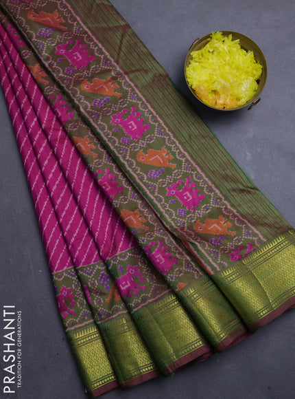 Semi tussar saree pink and mehendi green with allover leheriya style ikat weaves and zari woven border