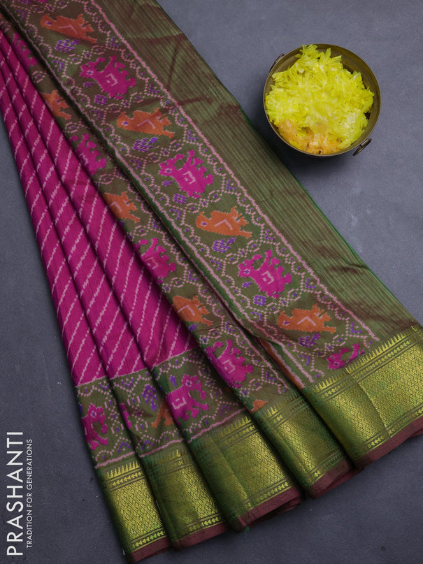 Semi tussar saree pink and mehendi green with allover leheriya style ikat weaves and zari woven border
