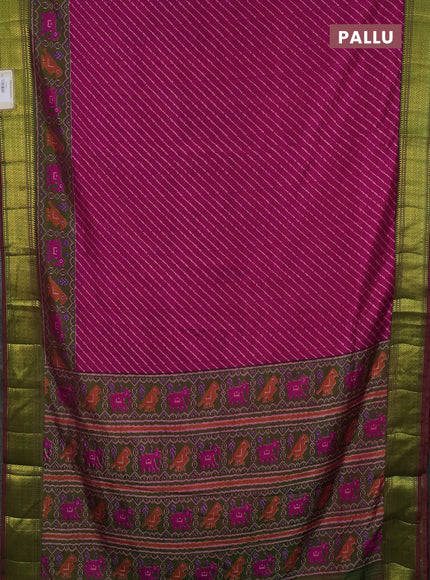 Semi tussar saree pink and mehendi green with allover leheriya style ikat weaves and zari woven border