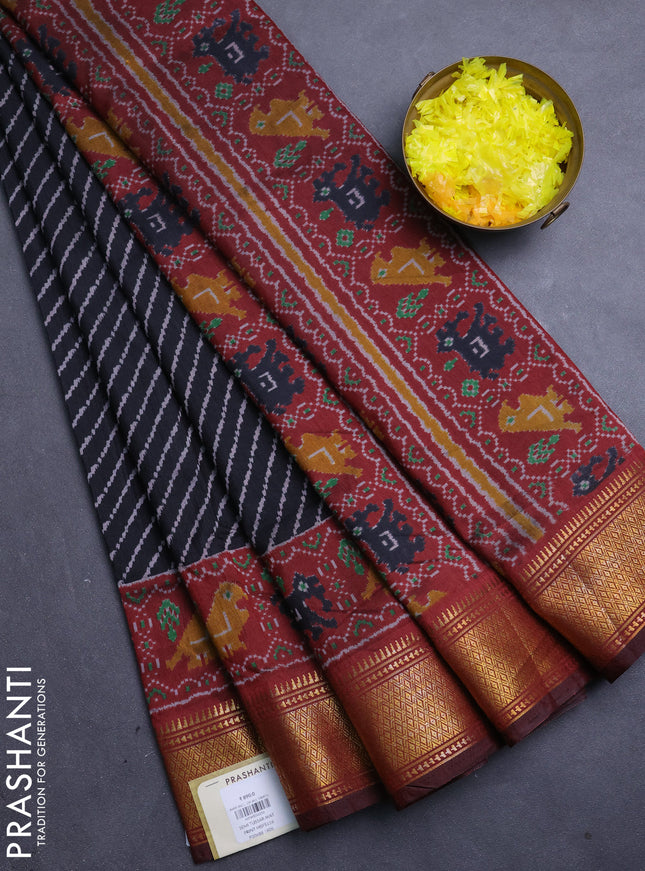 Semi tussar saree black and deep maroon with allover leheriya style ikat weaves and zari woven border