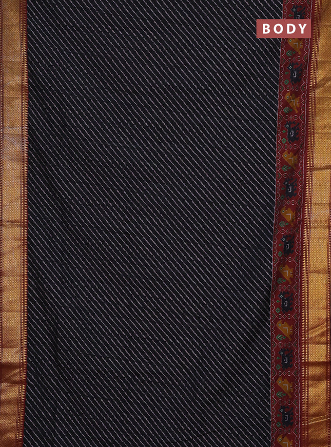 Semi tussar saree black and deep maroon with allover leheriya style ikat weaves and zari woven border