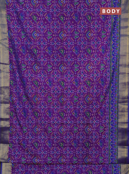 Semi tussar saree purple and blue with allover ikat prints and zari woven border