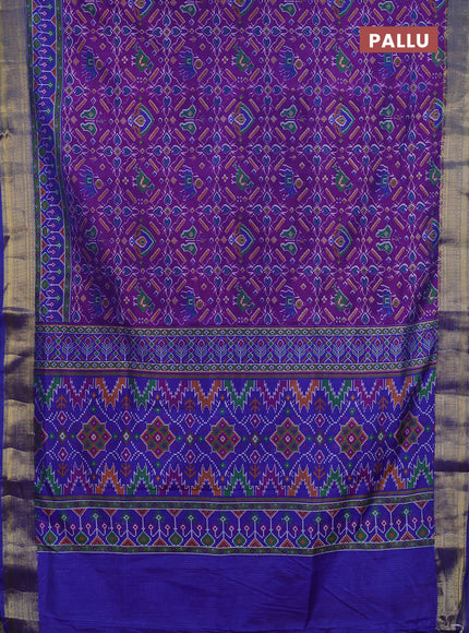 Semi tussar saree purple and blue with allover ikat prints and zari woven border