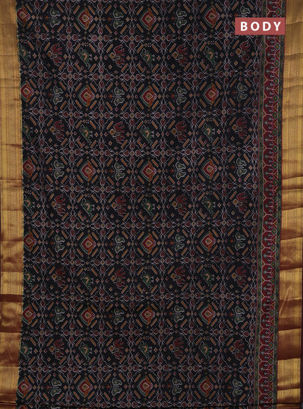Semi tussar saree black and maroon with allover ikat prints and zari woven border