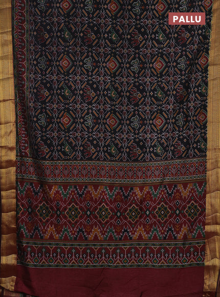Semi tussar saree black and maroon with allover ikat prints and zari woven border