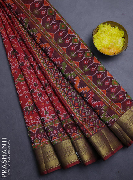 Semi tussar saree maroon with allover ikat prints and zari woven border