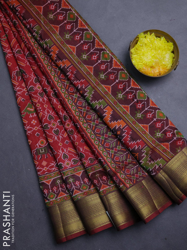 Semi tussar saree maroon with allover ikat prints and zari woven border