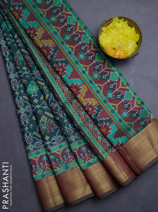 Semi tussar saree bottle green and pastel maroon with allover ikat prints and zari woven border