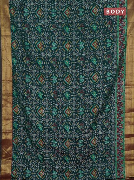 Semi tussar saree bottle green and pastel maroon with allover ikat prints and zari woven border