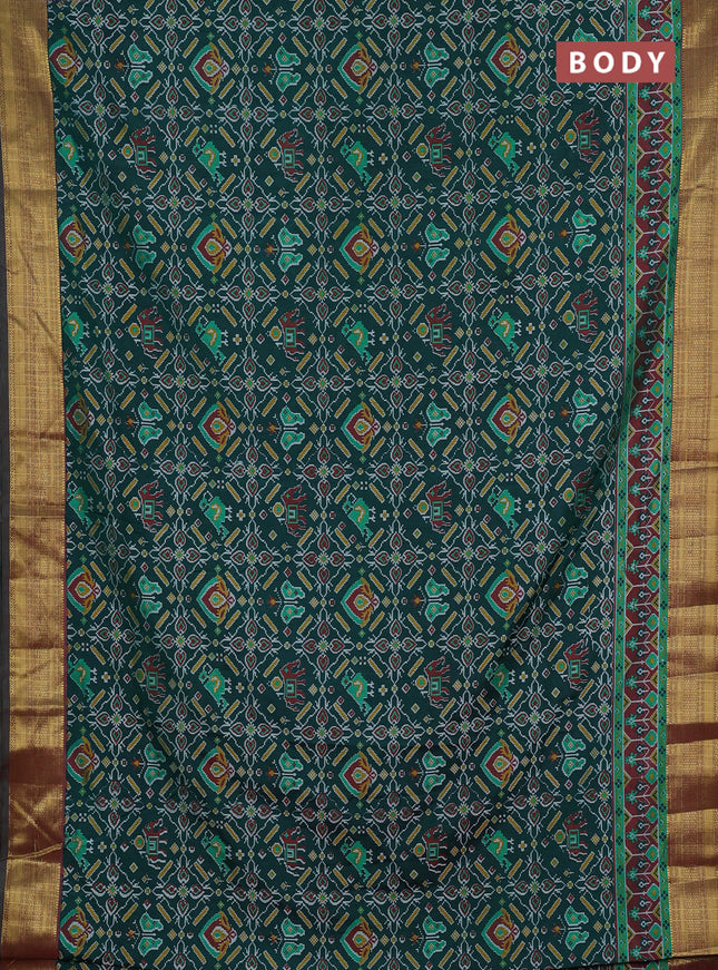 Semi tussar saree bottle green and pastel maroon with allover ikat prints and zari woven border