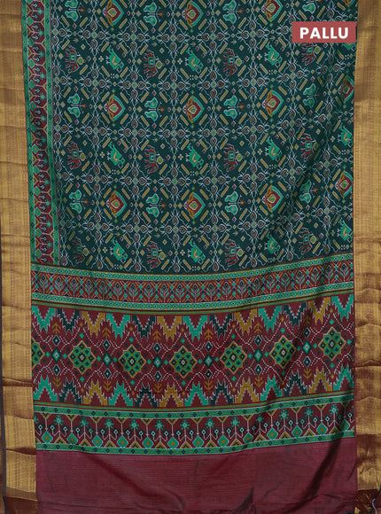 Semi tussar saree bottle green and pastel maroon with allover ikat prints and zari woven border
