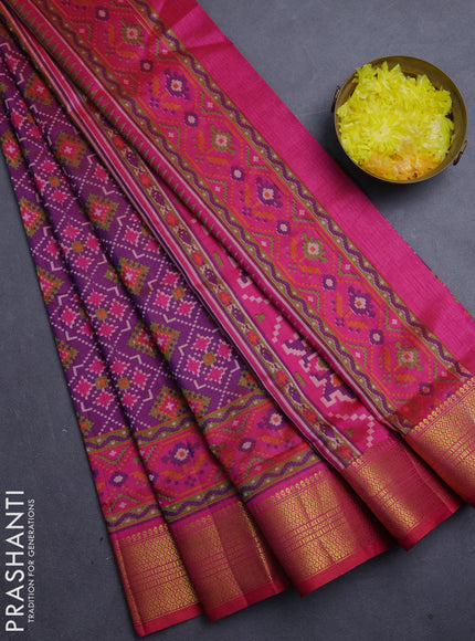 Semi tussar saree purple and pink with allover ikat prints and zari woven border