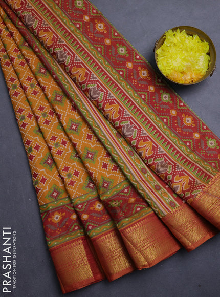 Semi tussar saree mustard yellow and maroon with allover ikat prints and zari woven border