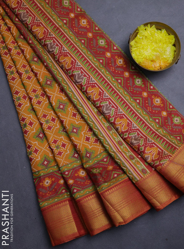 Semi tussar saree mustard yellow and maroon with allover ikat prints and zari woven border