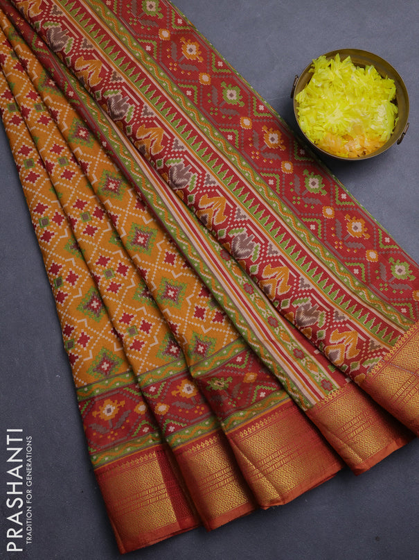 Semi tussar saree mustard yellow and maroon with allover ikat prints and zari woven border
