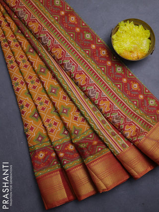 Semi tussar saree mustard yellow and maroon with allover ikat prints and zari woven border