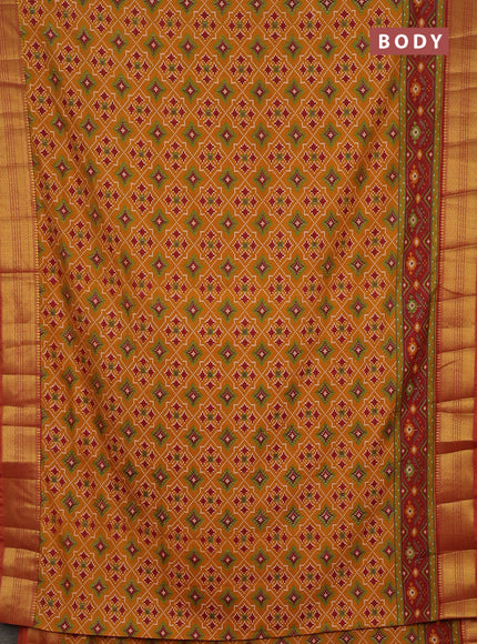 Semi tussar saree mustard yellow and maroon with allover ikat prints and zari woven border