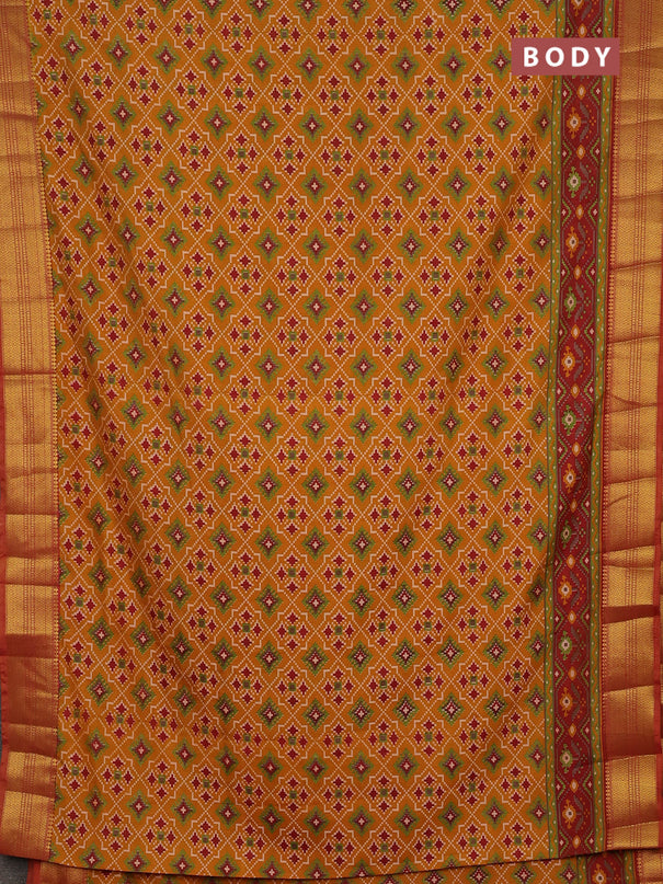 Semi tussar saree mustard yellow and maroon with allover ikat prints and zari woven border