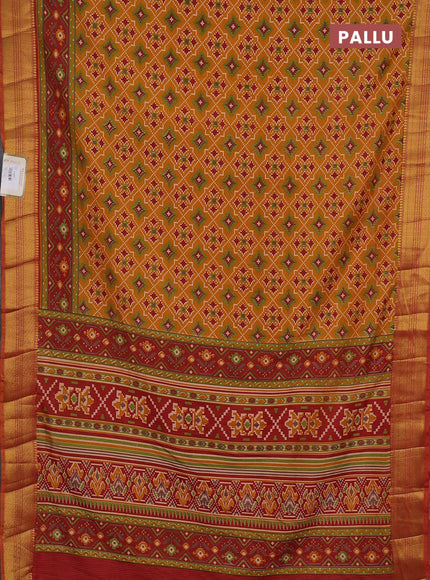 Semi tussar saree mustard yellow and maroon with allover ikat prints and zari woven border