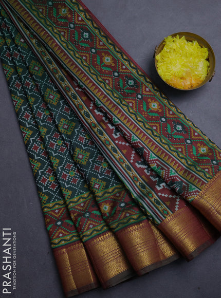 Semi tussar saree bottle green and maroon with allover ikat prints and zari woven border