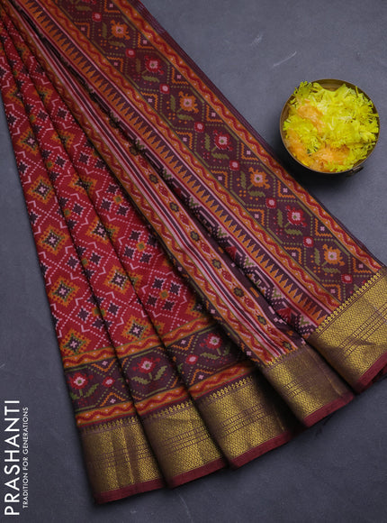 Semi tussar saree maroon with allover ikat prints and zari woven border