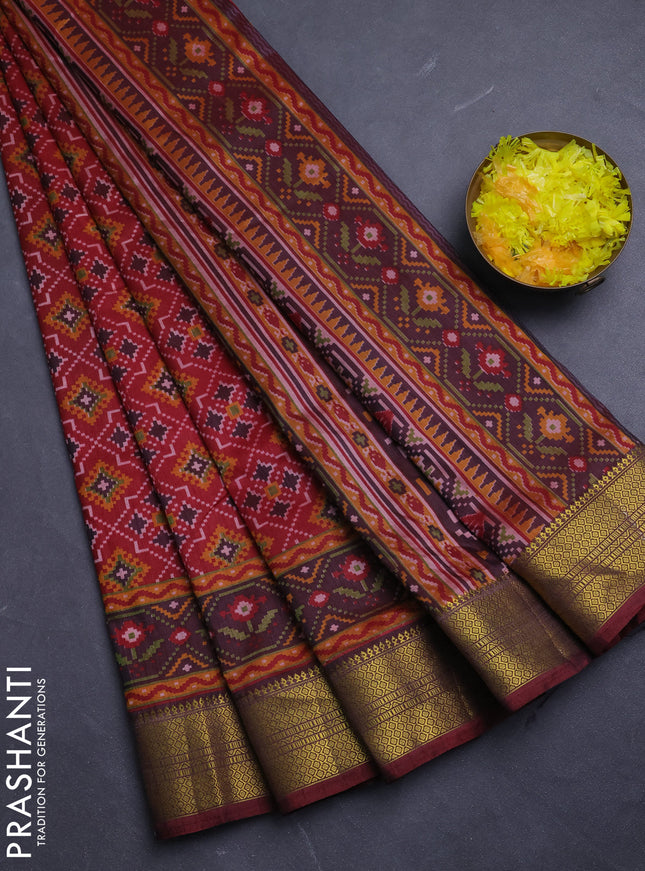 Semi tussar saree maroon with allover ikat prints and zari woven border