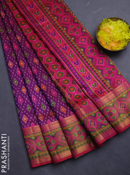 Semi tussar saree purple and pink with allover ikat prints and ikat woven zari border