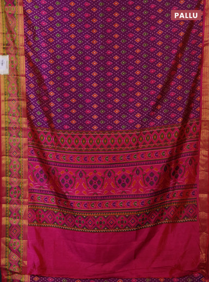 Semi tussar saree purple and pink with allover ikat prints and ikat woven zari border