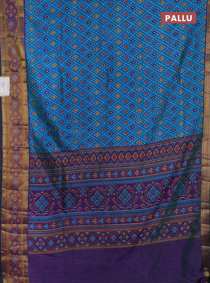 Semi tussar saree dual shade of bluish green and purple with allover ikat prints and ikat woven zari border