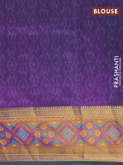Semi tussar saree dual shade of bluish green and purple with allover ikat prints and ikat woven zari border