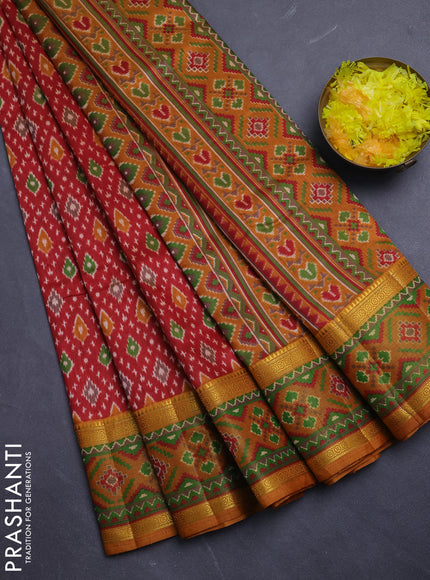 Semi tussar saree maroon and mustard yellow with allover ikat prints and ikat woven zari border