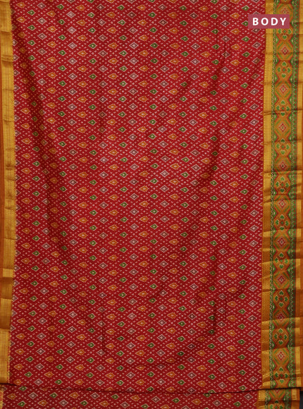 Semi tussar saree maroon and mustard yellow with allover ikat prints and ikat woven zari border
