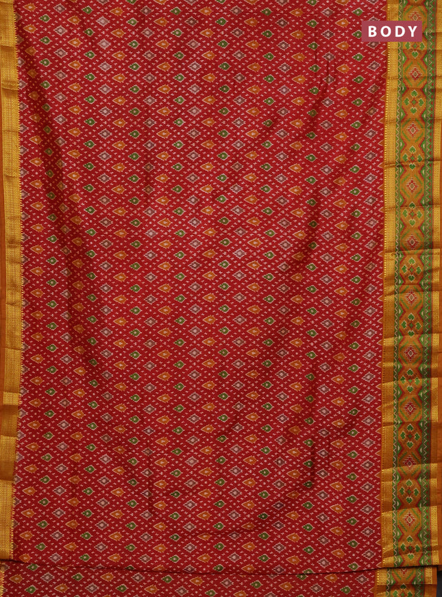 Semi tussar saree maroon and mustard yellow with allover ikat prints and ikat woven zari border