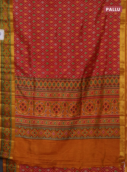 Semi tussar saree maroon and mustard yellow with allover ikat prints and ikat woven zari border
