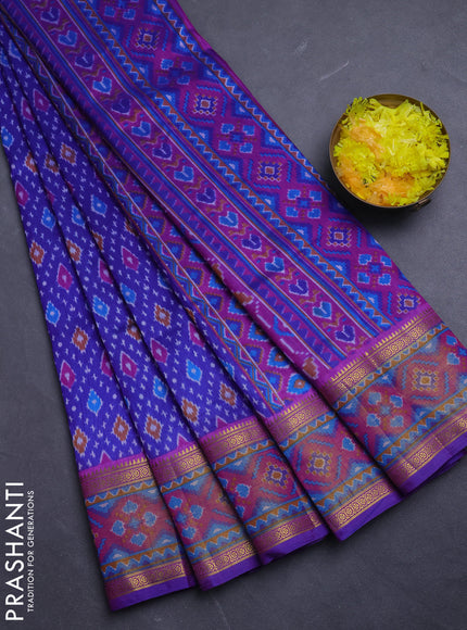 Semi tussar saree blue and pink with allover ikat prints and ikat woven zari border