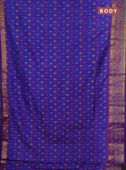 Semi tussar saree blue and pink with allover ikat prints and ikat woven zari border