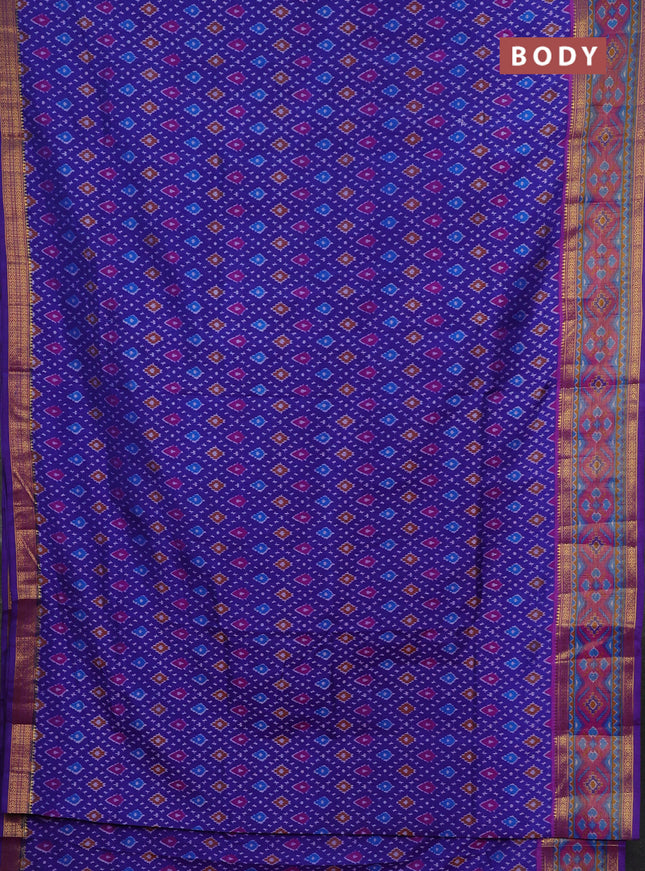 Semi tussar saree blue and pink with allover ikat prints and ikat woven zari border