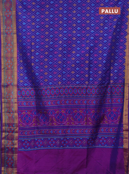 Semi tussar saree blue and pink with allover ikat prints and ikat woven zari border