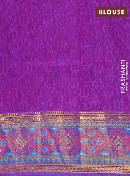 Semi tussar saree blue and pink with allover ikat prints and ikat woven zari border
